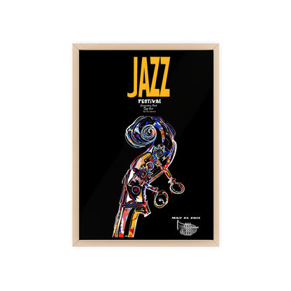 Jazz Festival Poster with Wooden Frame — Colorful Double Bass Art Print