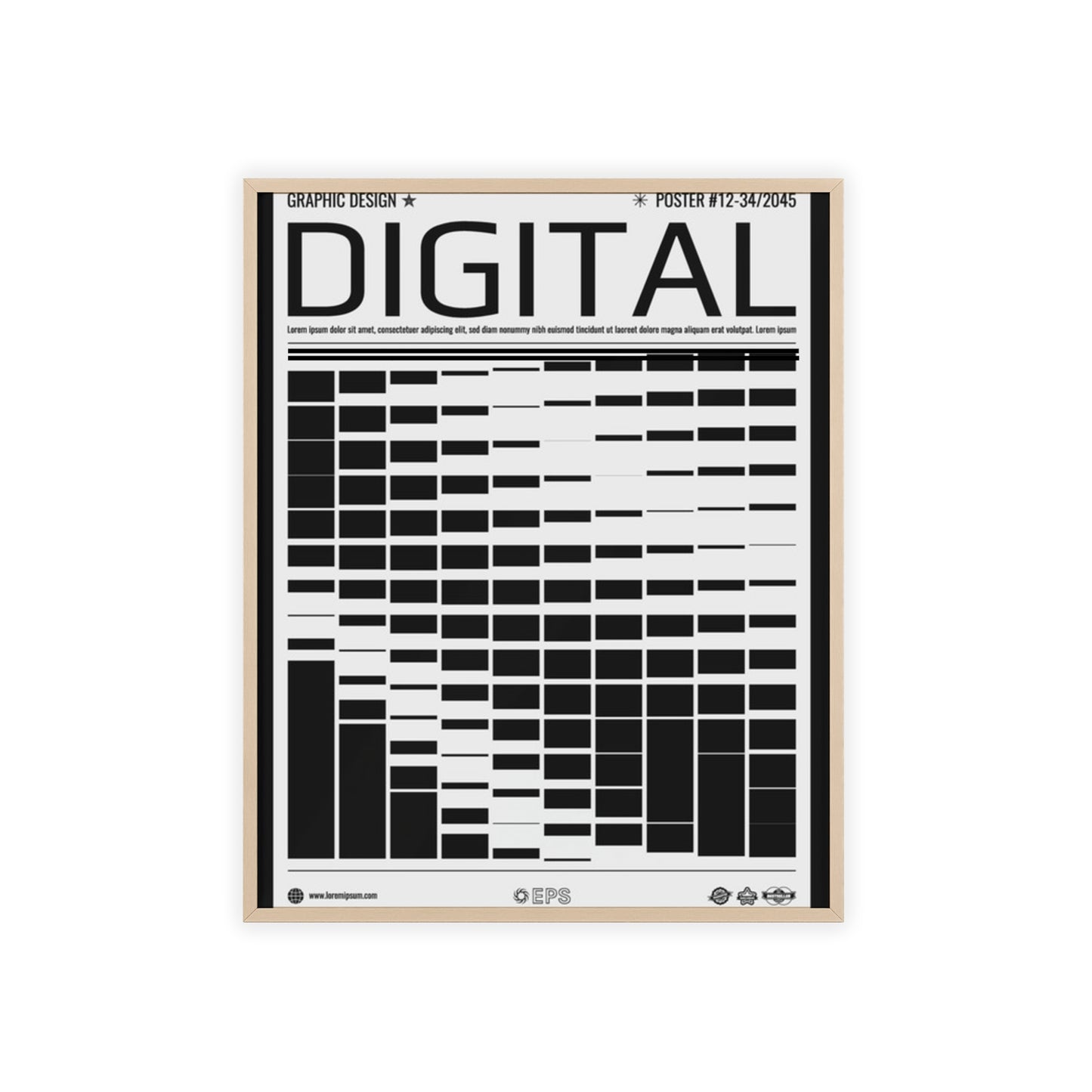 Digital Grid Poster with Wooden Frame — Modern Black & White Wall Art