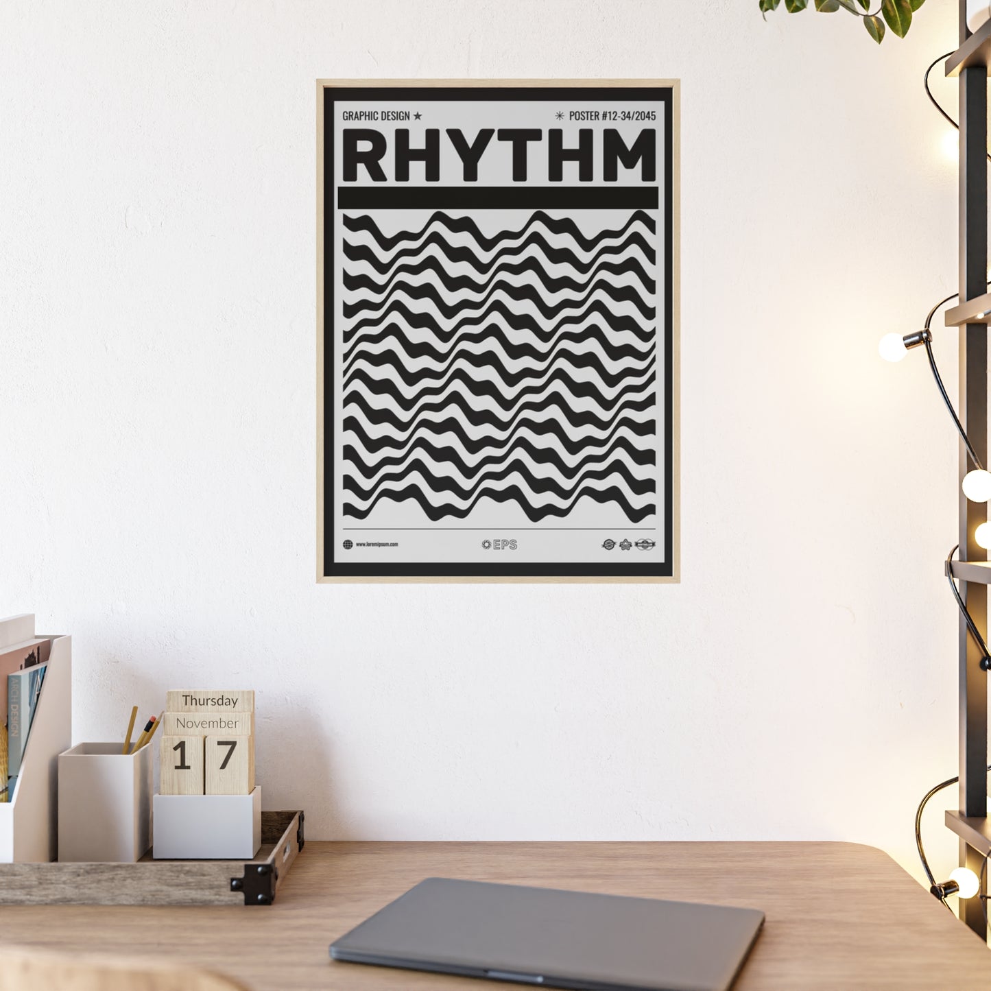 Rhythm Wave Art Poster with Wooden Frame — Black & White Modern Wall Print