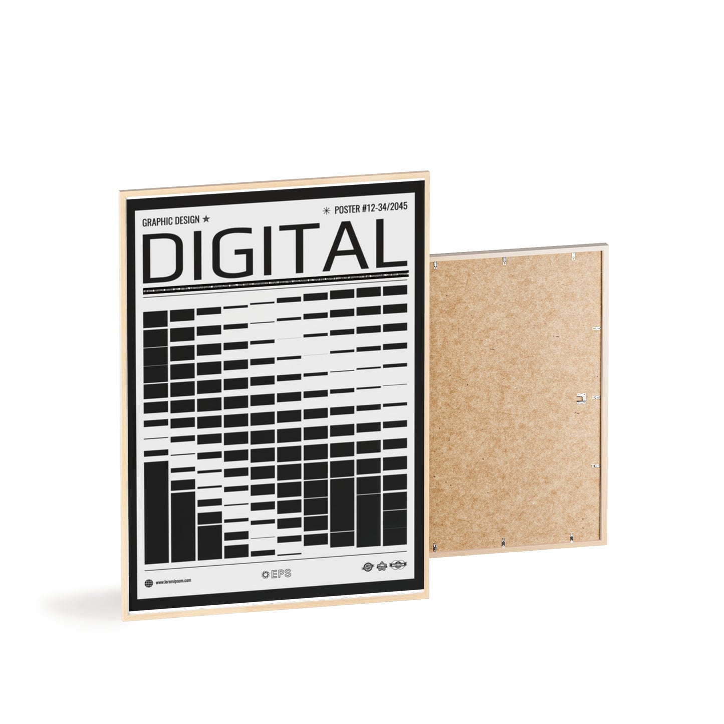 Digital Grid Poster with Wooden Frame — Modern Black & White Wall Art