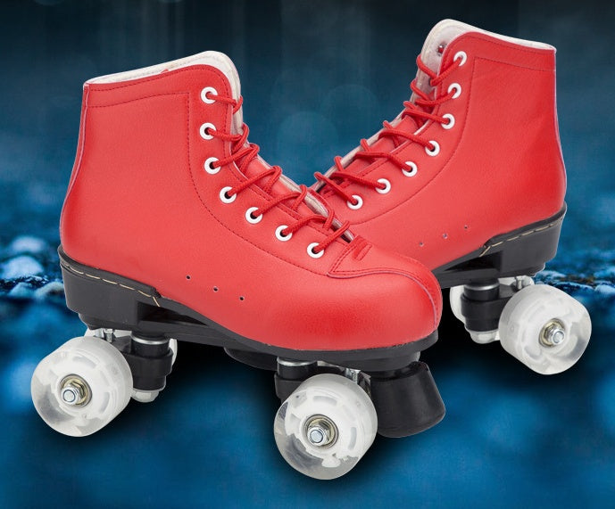 Big Red Cowhide Quad Skates With Flashing Wheels And Wear Resistant Boots