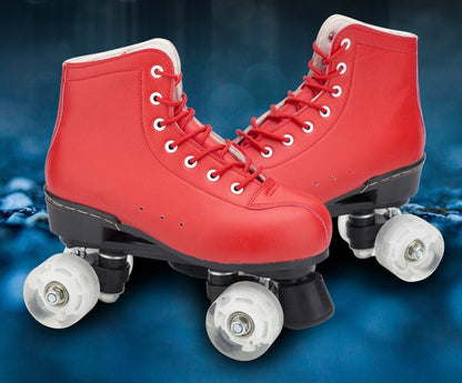 Big Red Cowhide Quad Skates With Flashing Wheels And Wear Resistant Boots