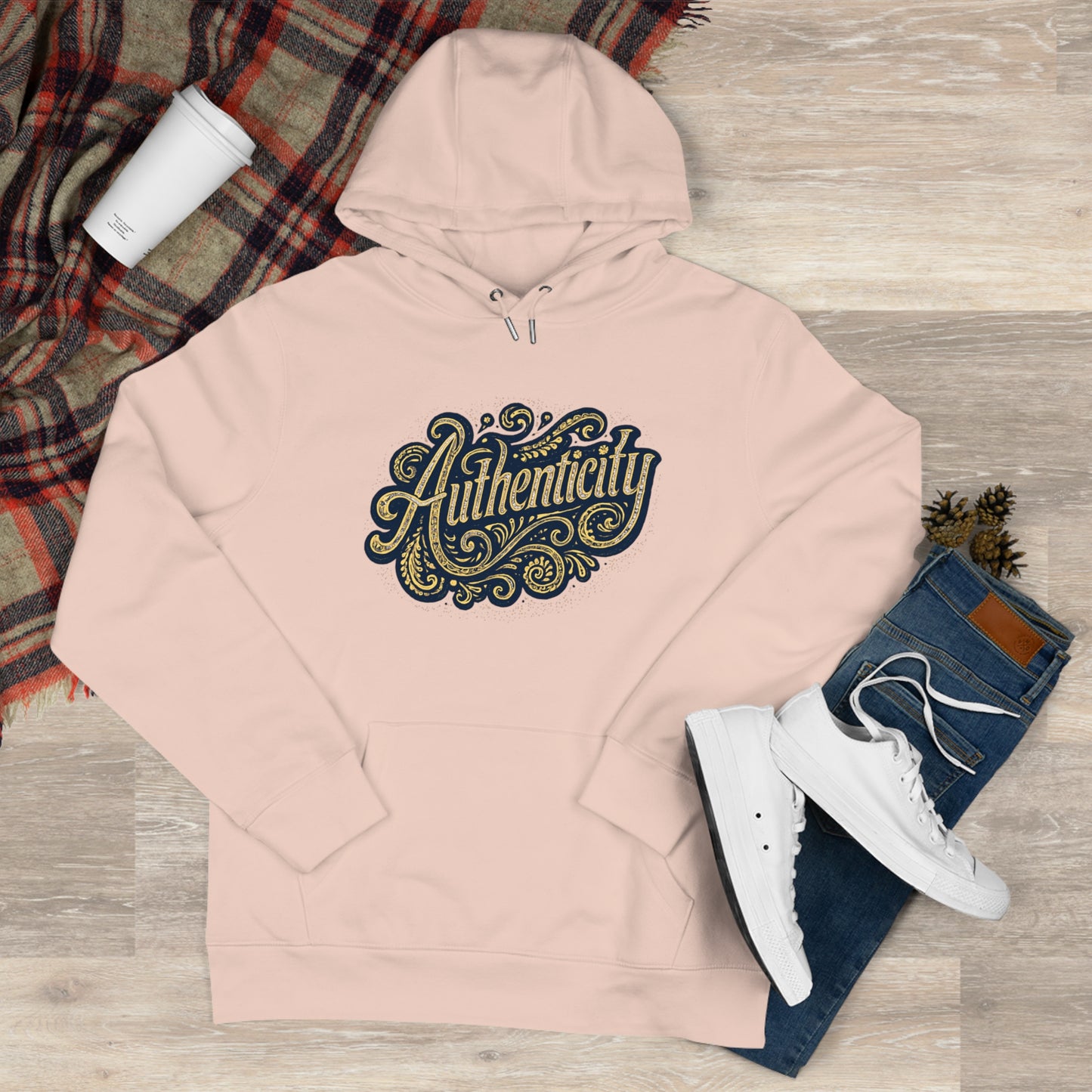 Authenticity Script Hoodie — 'Authenticity' Vintage Ornate Graphic Hooded Sweatshirt