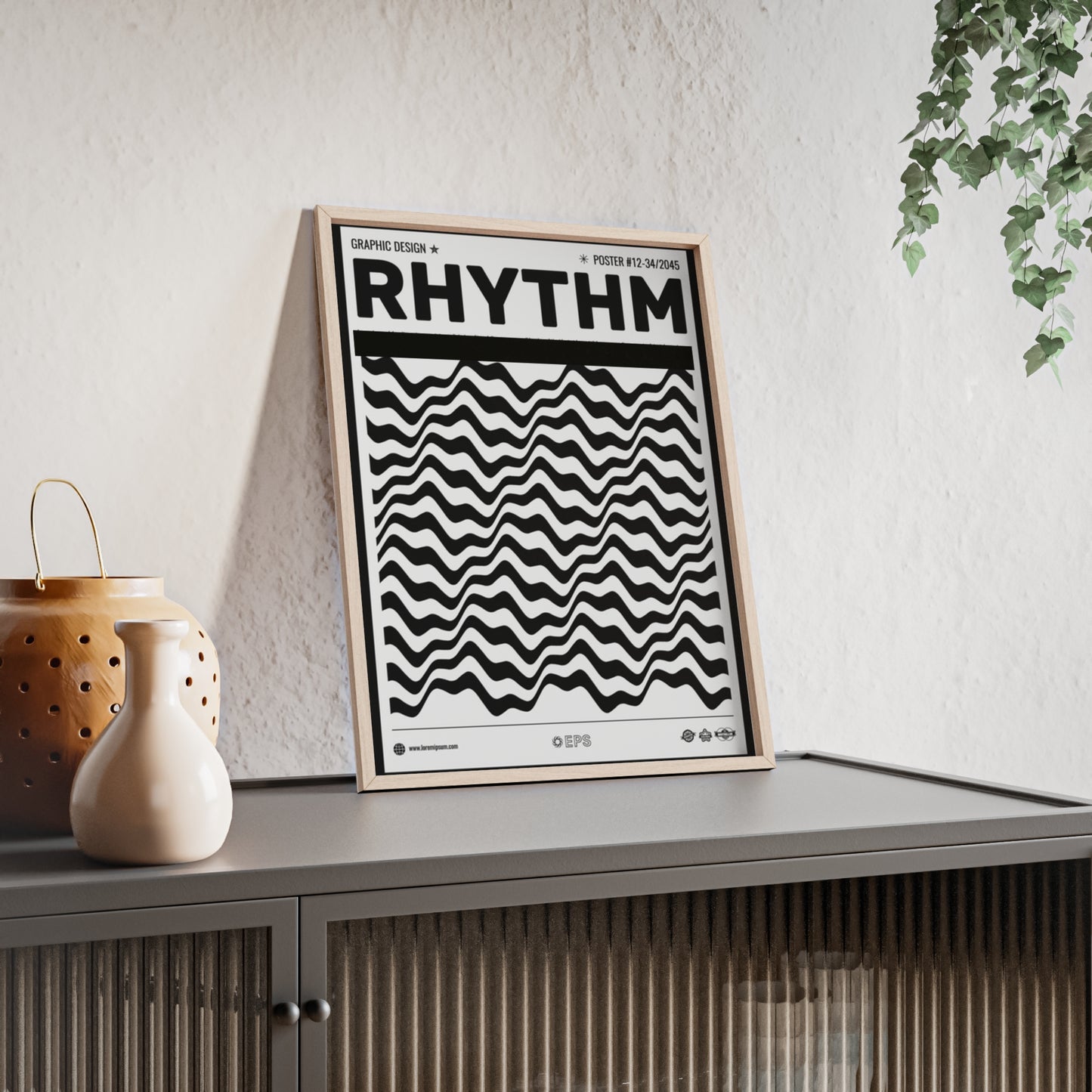 Rhythm Wave Art Poster with Wooden Frame — Black & White Modern Wall Print