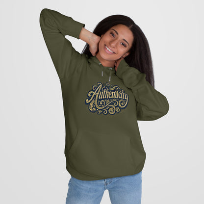 Authenticity Script Hoodie — 'Authenticity' Vintage Ornate Graphic Hooded Sweatshirt