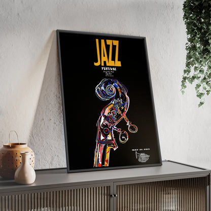 Jazz Festival Poster with Wooden Frame — Colorful Double Bass Art Print