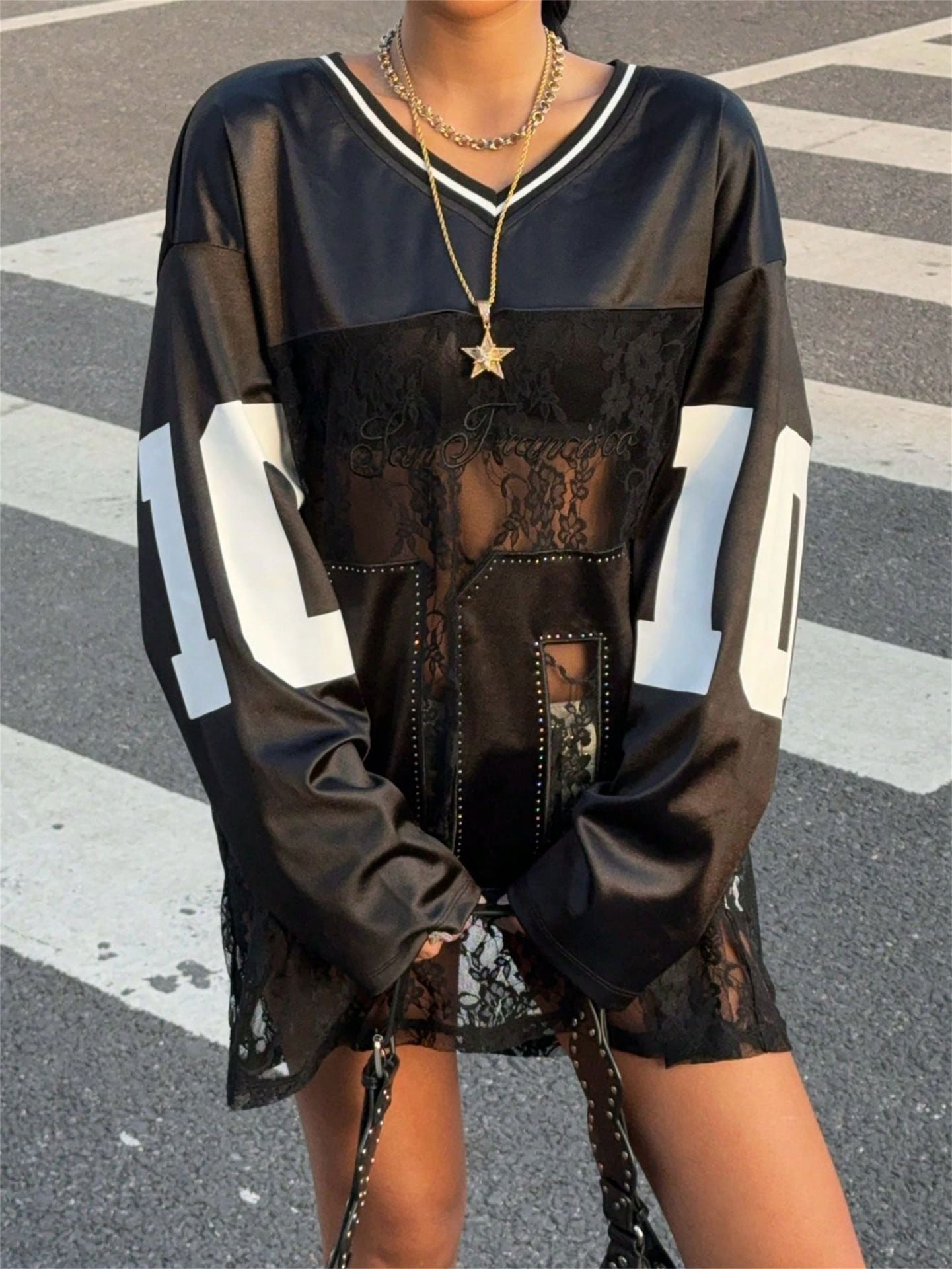 Women's Loose Lace See Through V-neck Jersey