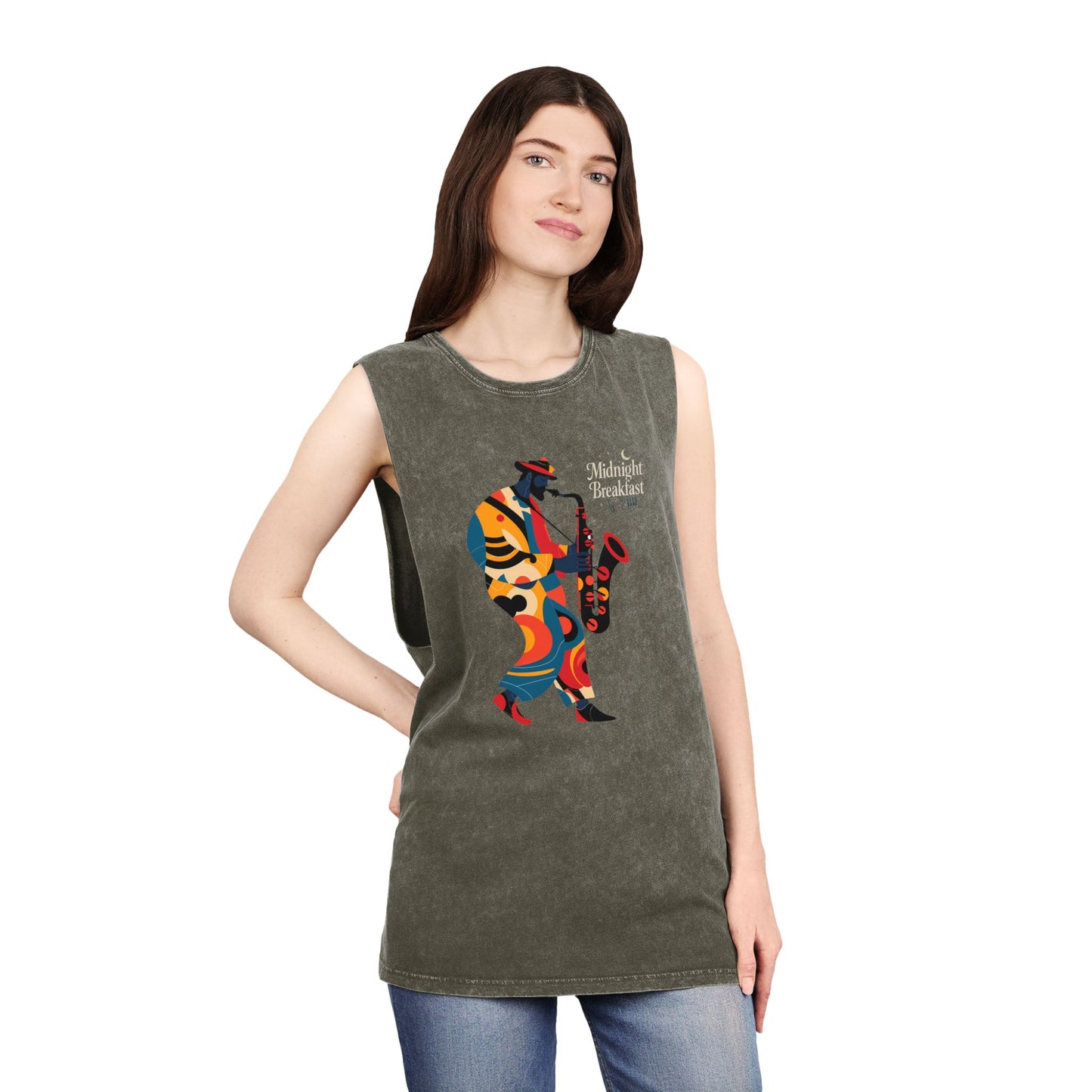 Midnight Breakfast Saxophone Silhouette Tank Top — Jazz Night Music Tee