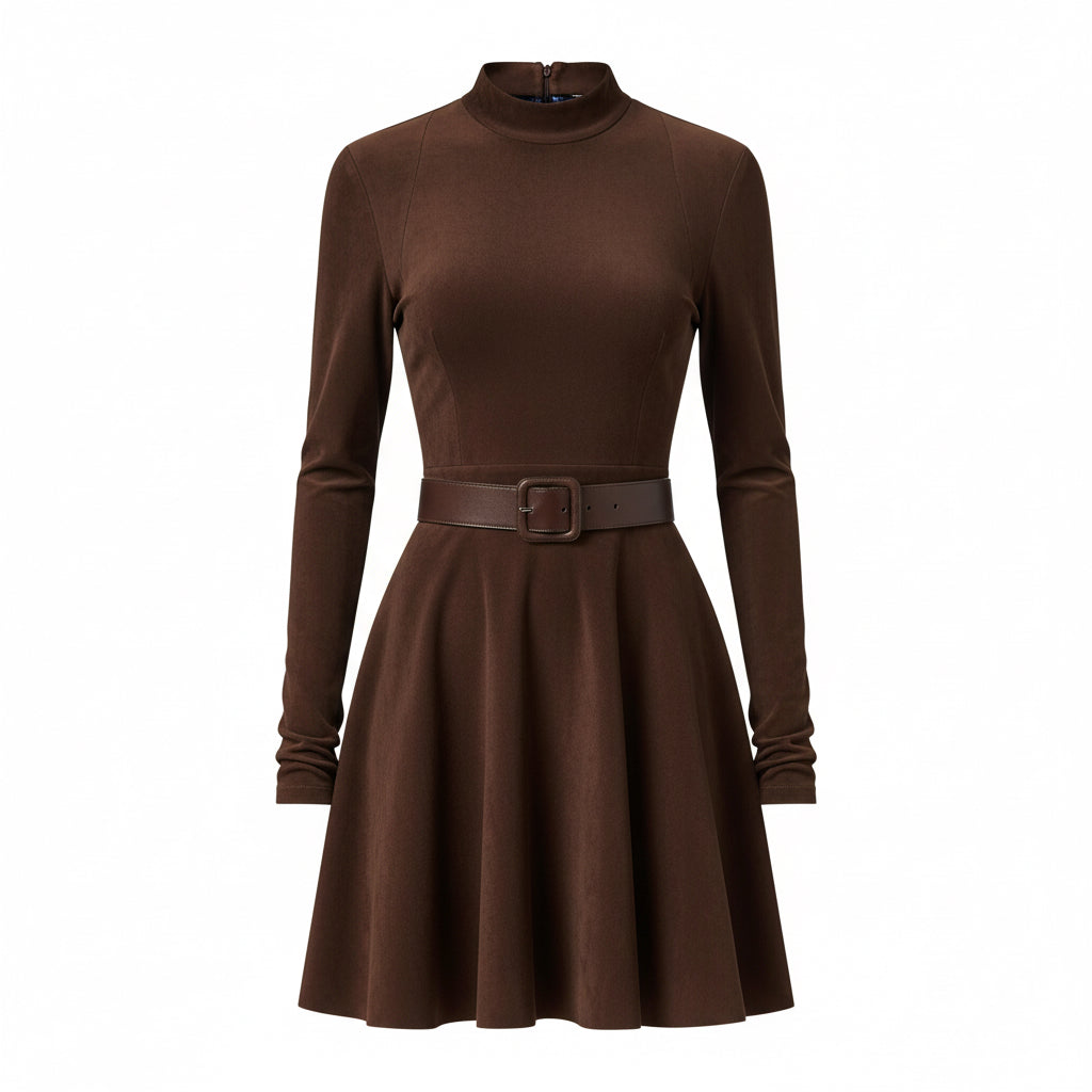 Elegant Solid Color Long-sleeve Round-Collar Graceful Dress