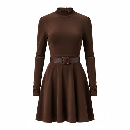 Elegant Solid Color Long-sleeve Round-Collar Graceful Dress