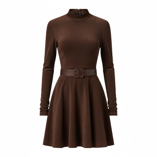 Elegant Solid Color Long-sleeve Round-Collar Graceful Dress