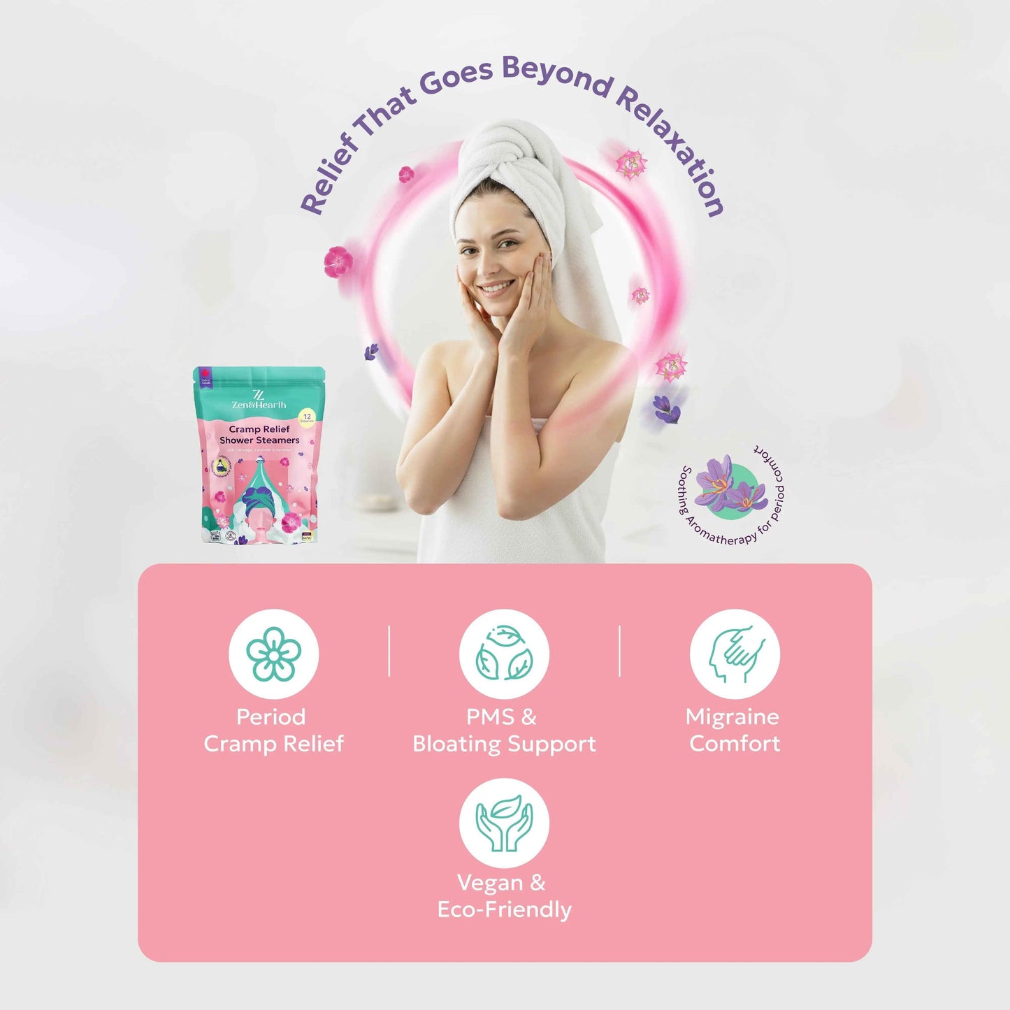 Zen & Hearth Period Cramp Relief Shower Steamers - Handcrafted Aromatherapy Tablets with Clary Sage, Lavender & Geranium for Period Pain Relief & Relaxation Made in Canada