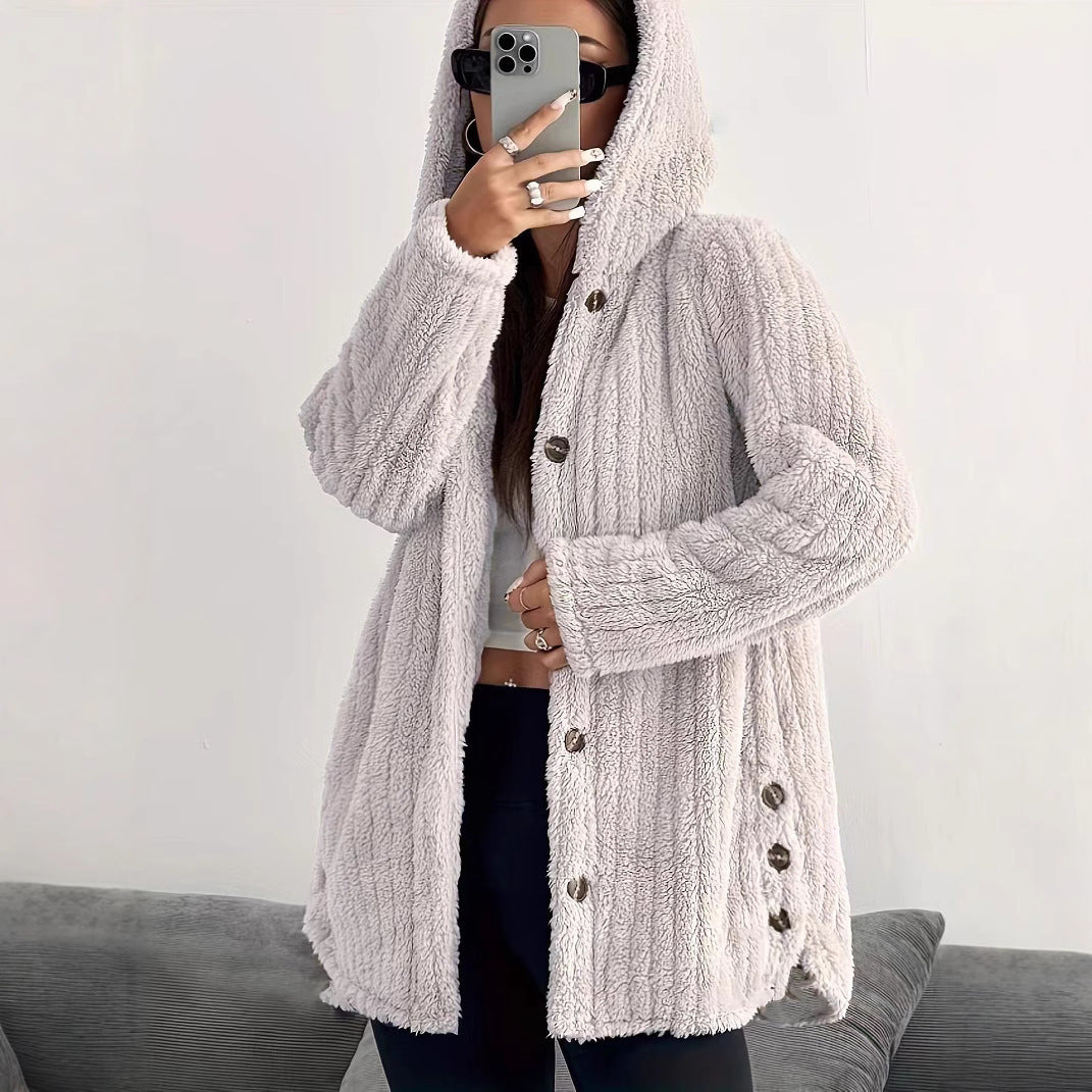 Women's Regular Sleeve Hooded Loose Plush Coat