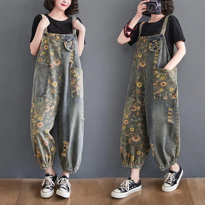 Retro Ripped Denim Overalls for Women