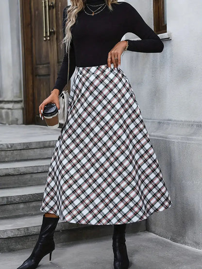 Women's High Waist Casual Loose Plaid Midi Skirt