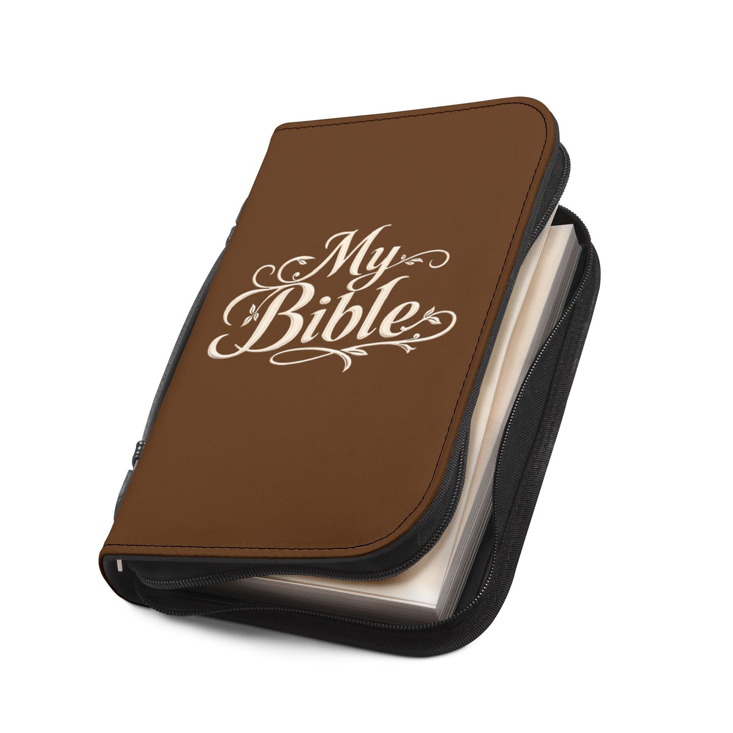 Brown Zippered "My Bible" Leather Bible Cover — Protective Carry Case for Church, Travel & Devotions
