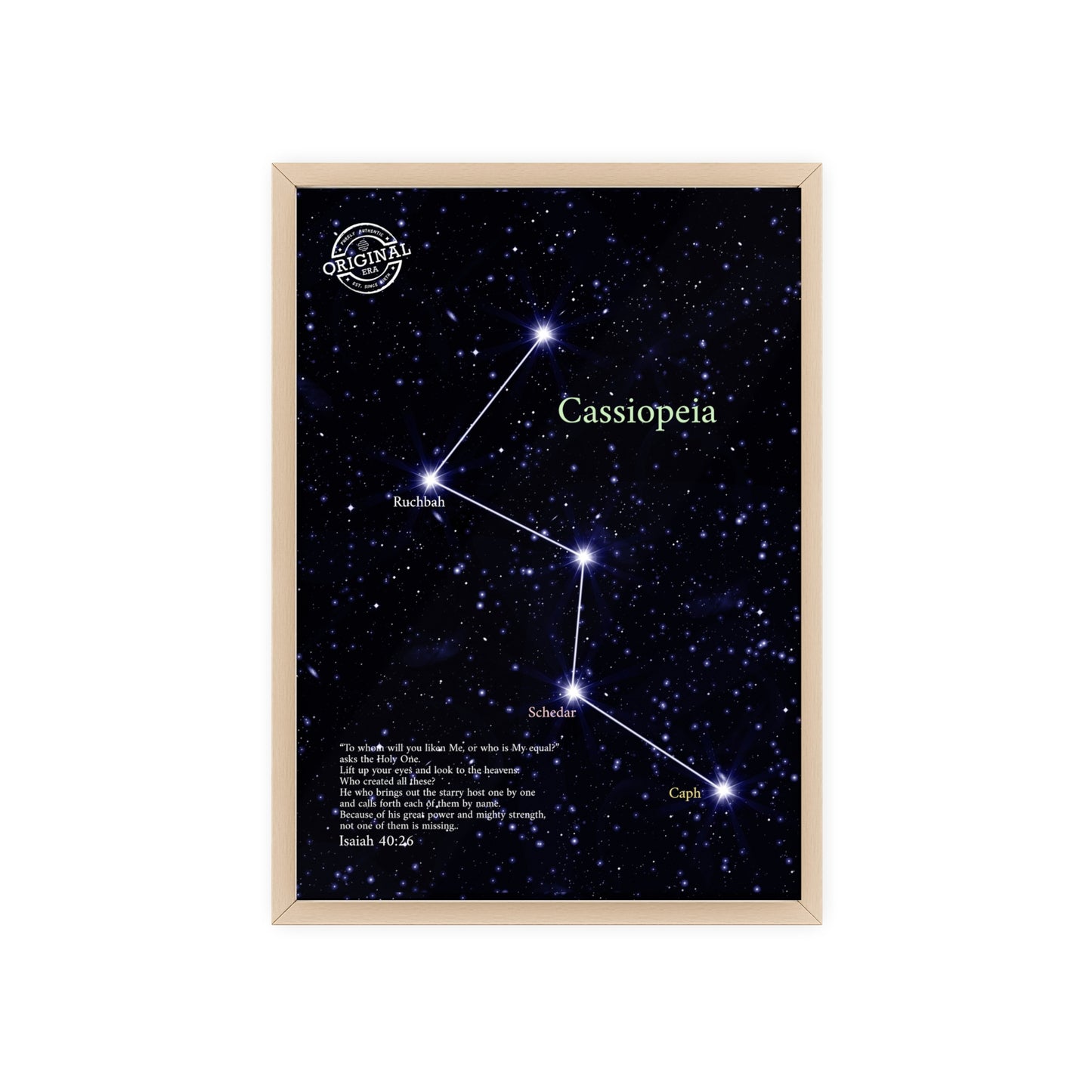 Cassiopeia Constellation Poster with Wooden Frame — Star Map Wall Art