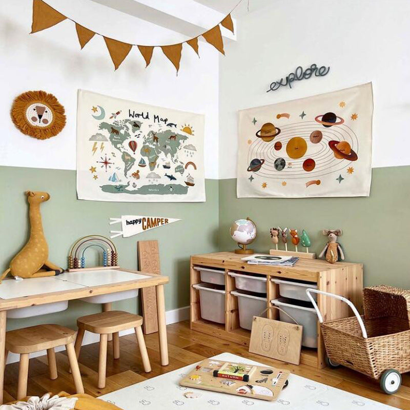 Nordic Style World Map Canvas Wall Art for Kids Room