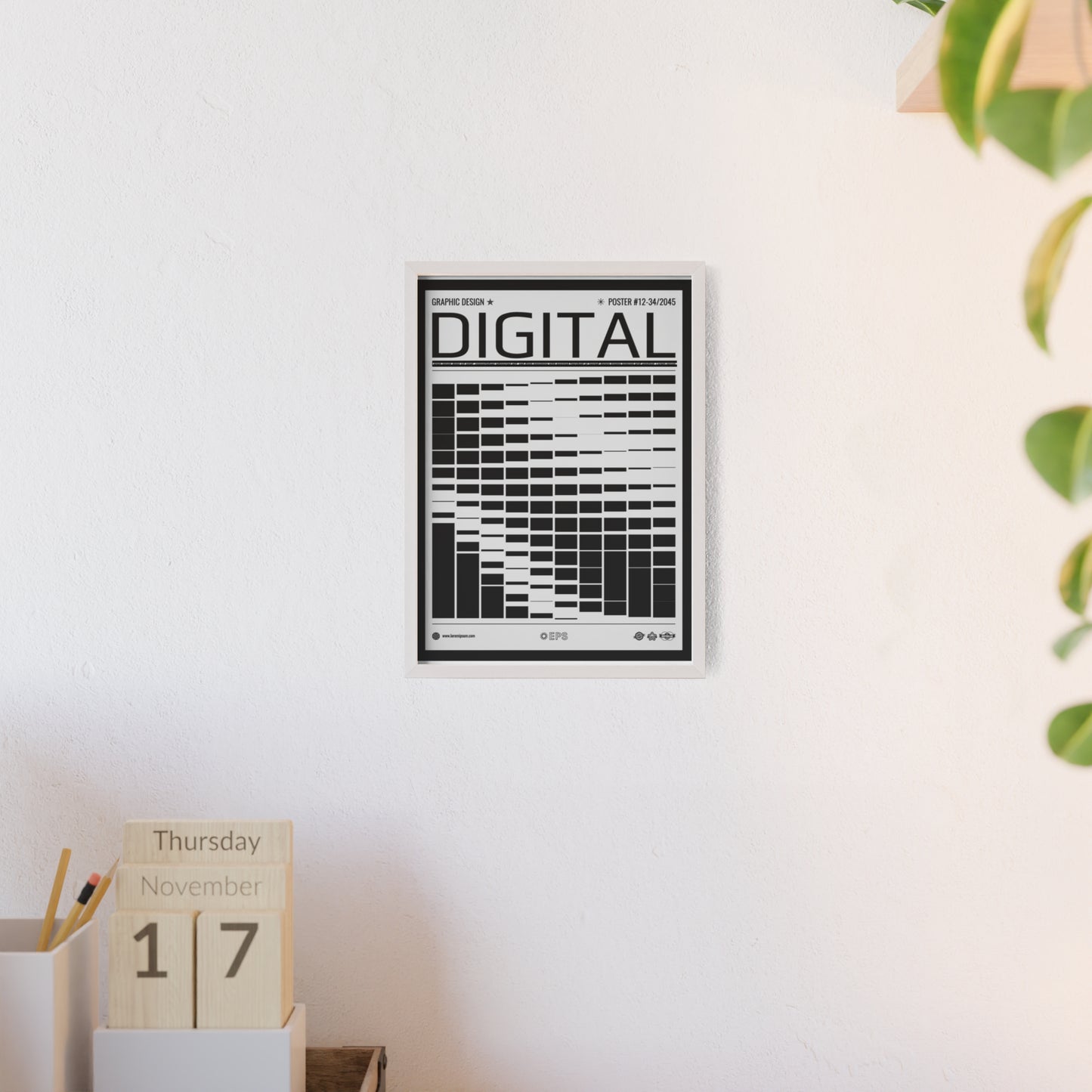 Digital Grid Poster with Wooden Frame — Modern Black & White Wall Art