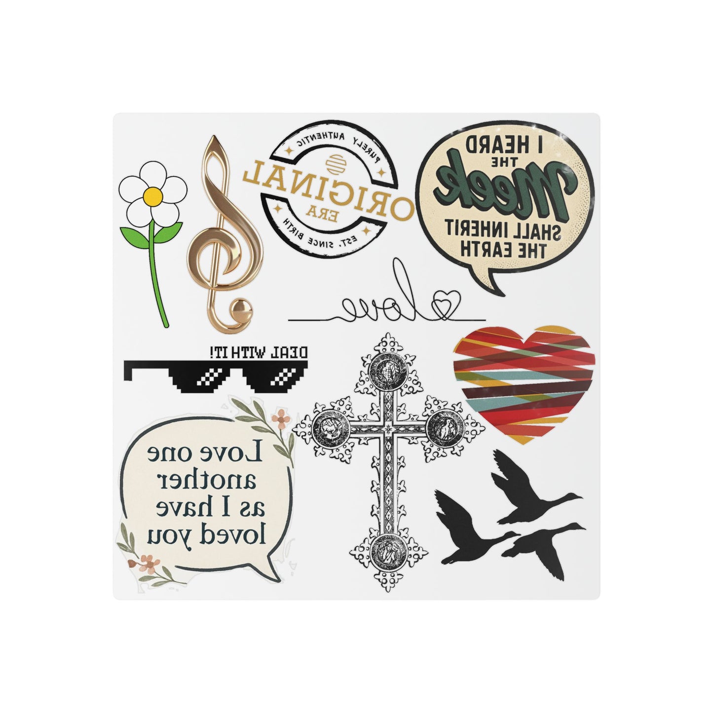 Temporary Tattoo Sheet — Inspirational Symbols: Cross, Heart, Treble Clef & Love Phrase