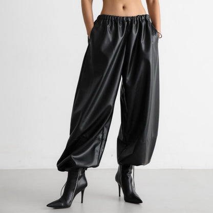 Women's Drawstring Ankle-tied Bloomers Loose PU Leather Pants