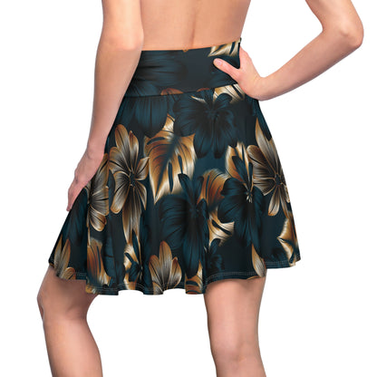 Floral Midnight Hawaiian Skater Skirt — Dark Teal & Gold