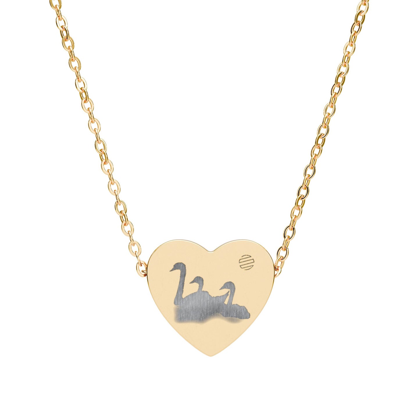 Engravable Heart Necklace with Swan Pair — Personalized Silver or Black Pendant