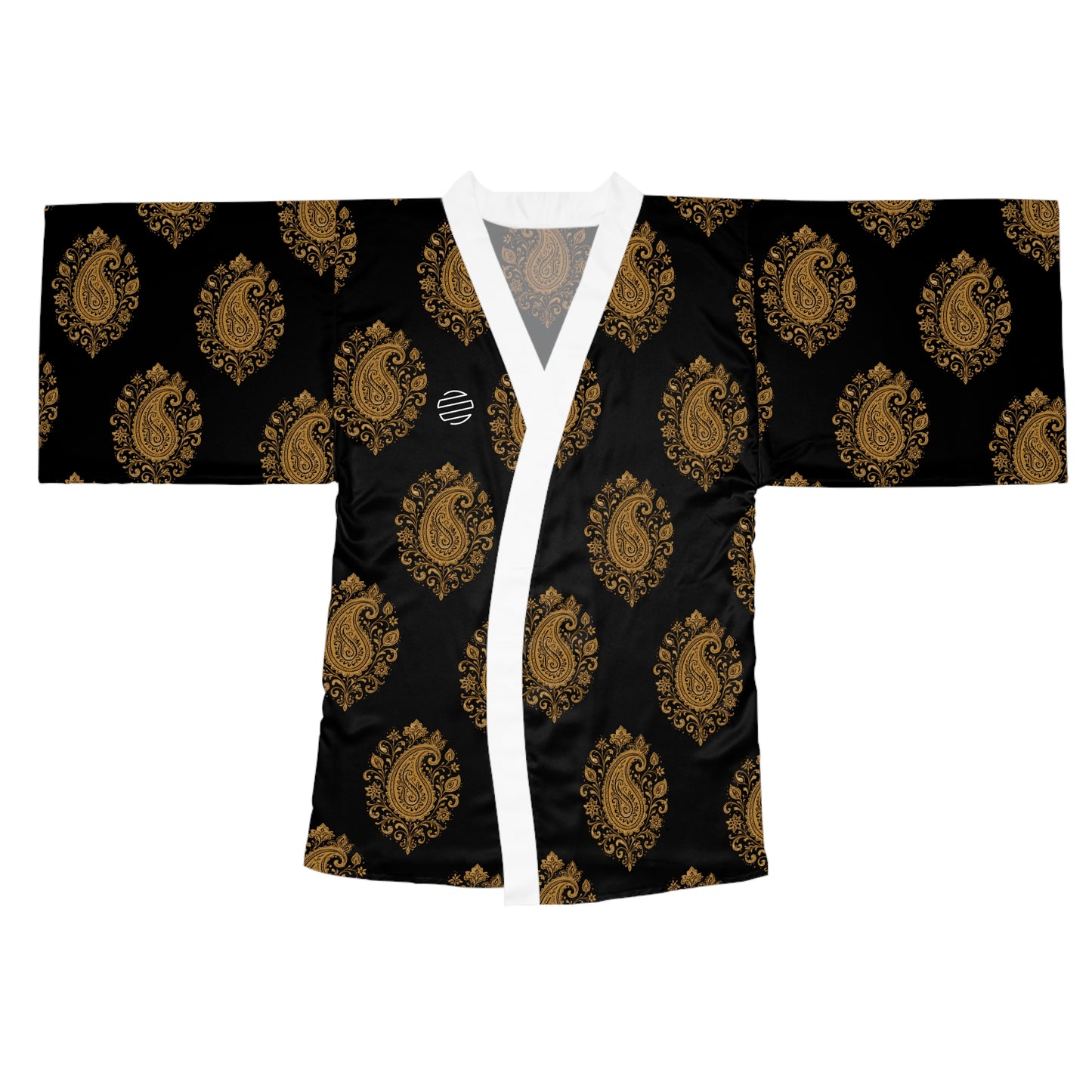 Black & Gold Paisley Kimono Robe - Long Sleeve Japanese Style Wrap