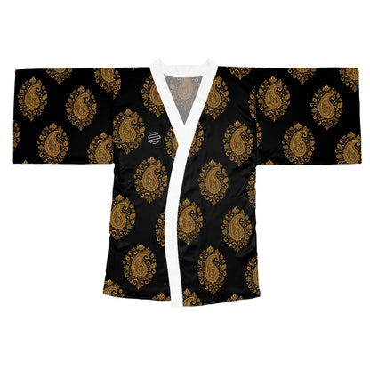 Black & Gold Paisley Kimono Robe - Long Sleeve Japanese Style Wrap