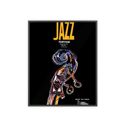 Jazz Festival Poster with Wooden Frame — Colorful Double Bass Art Print