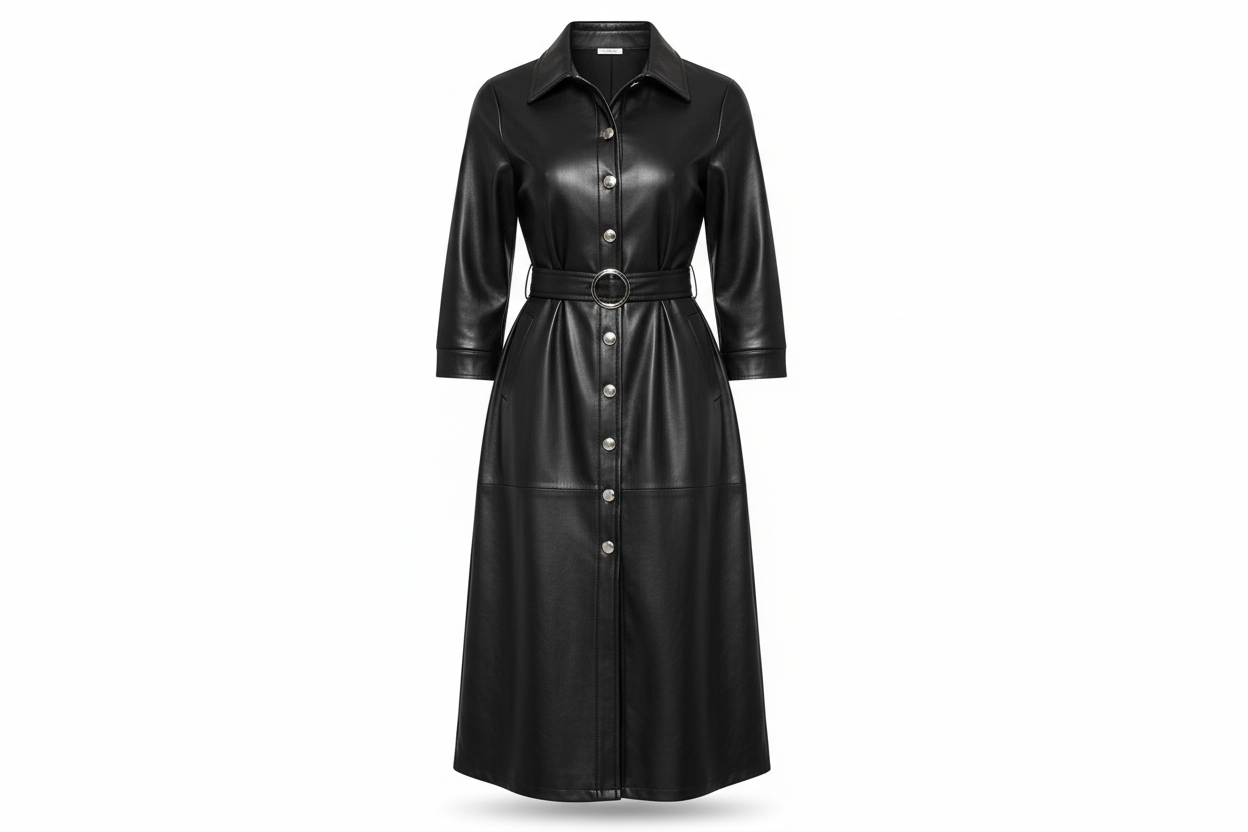 V-neck PU Leather Stitching Dress