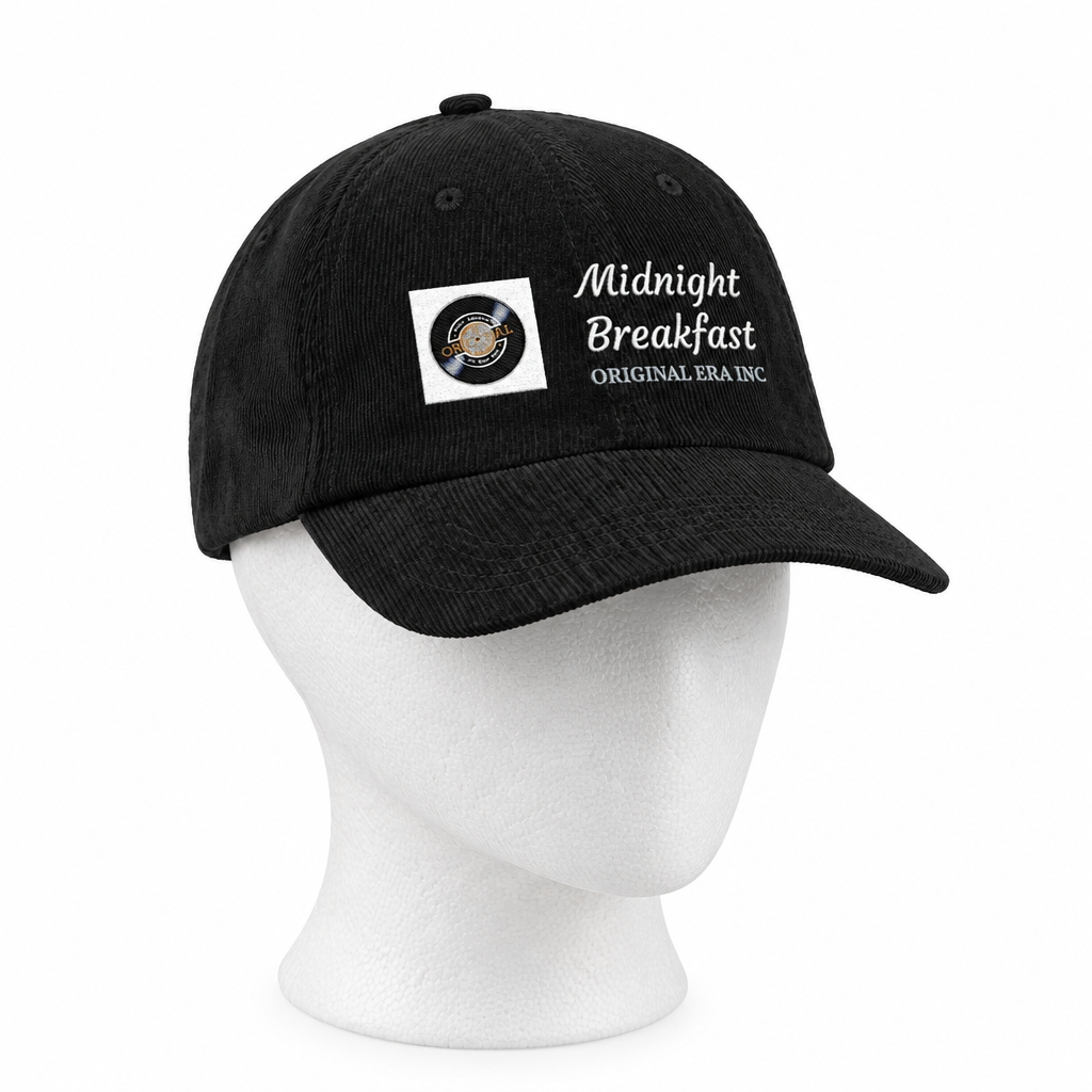 A black baseball cap displayed on a white mannequin head against a plain white background. The cap features a white embroidered logo that reads 'Midnight Breakfast ORIGINAL SEA INC.