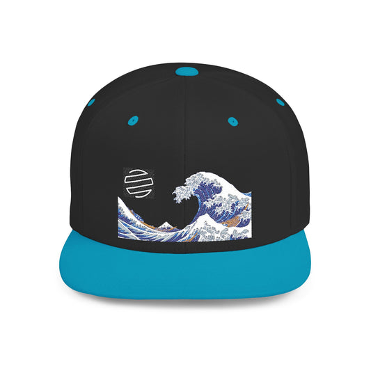 Snapback Hat — Blue Wave Japanese Art Flat-Bill Cap