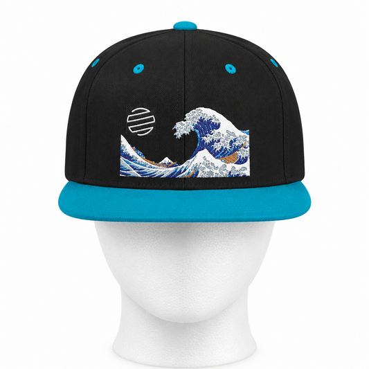 Snapback Hat — Blue Wave Japanese Art Flat-Bill Cap