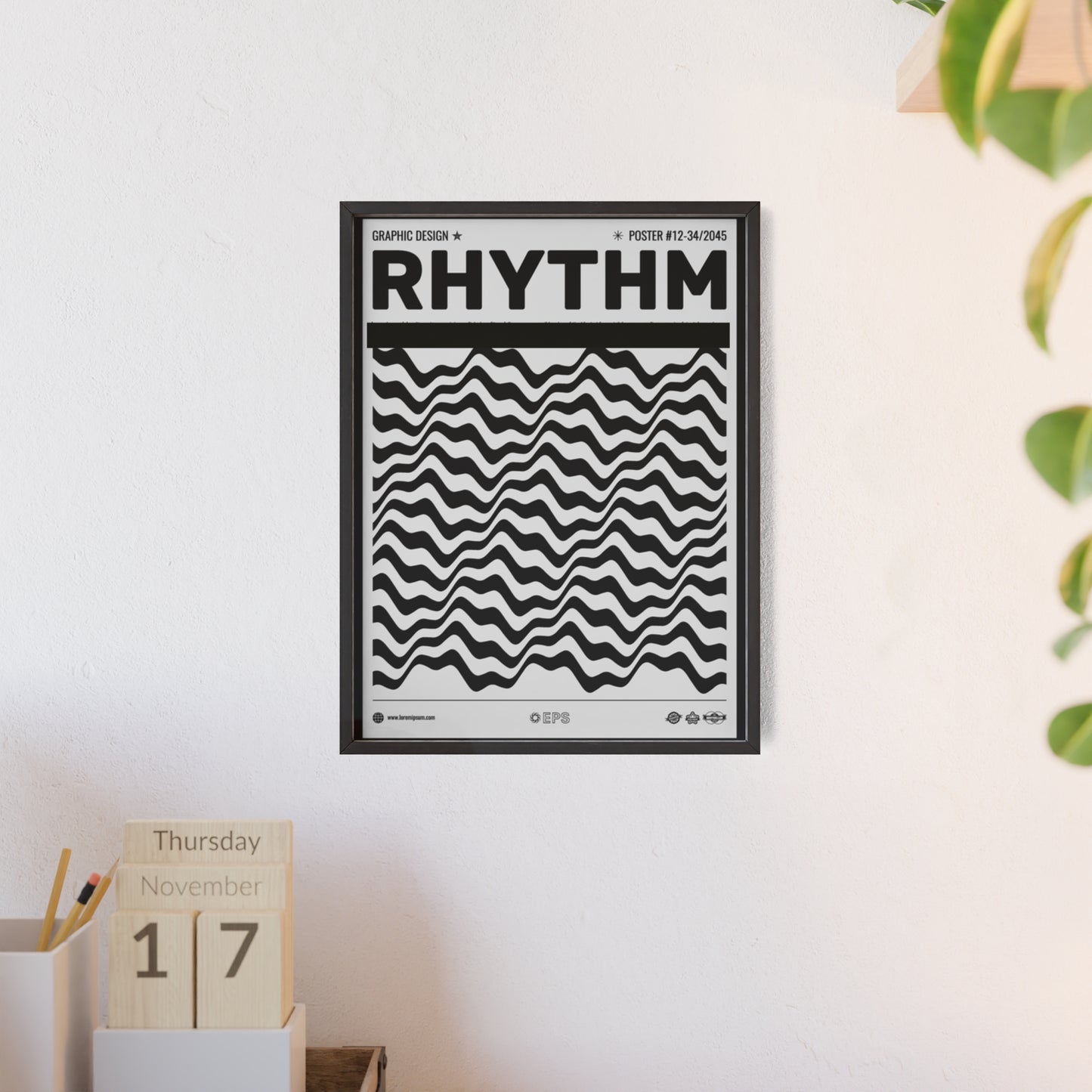 Rhythm Wave Art Poster with Wooden Frame — Black & White Modern Wall Print