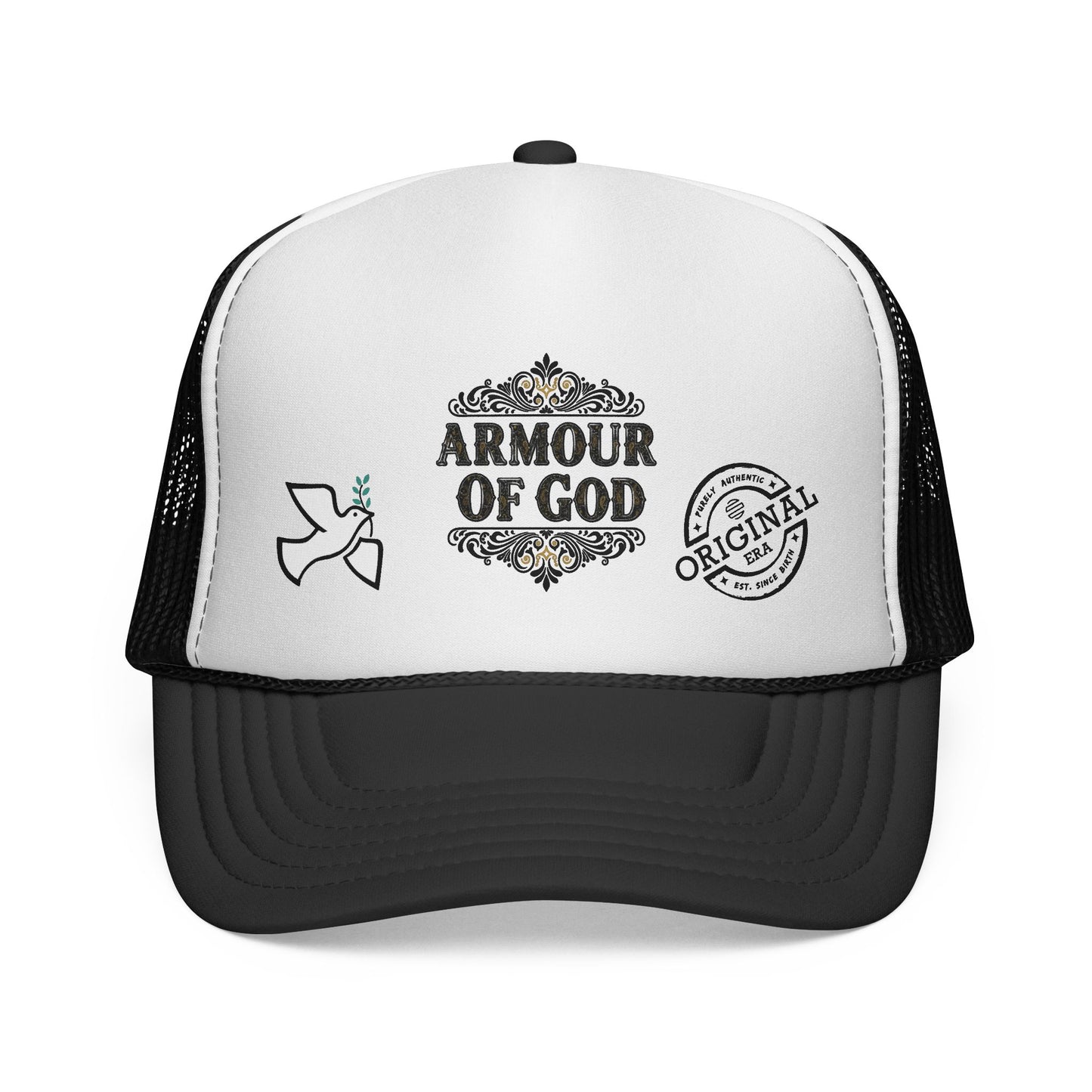 Armor of God Trucker Hat — Christian Faith Baseball Cap with Dove & 'Original' Seal