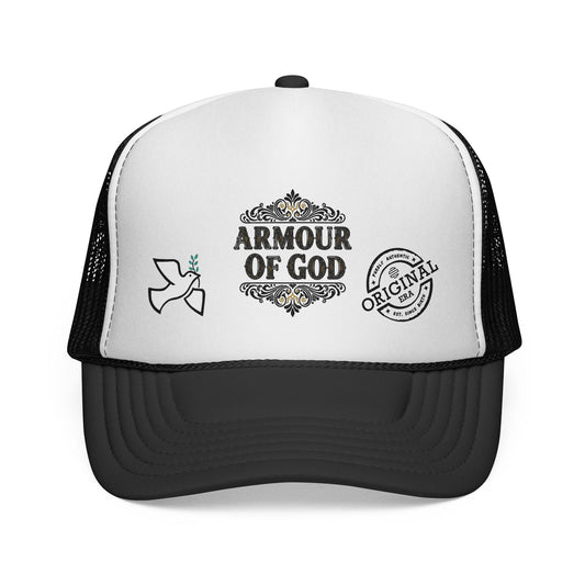 Armor of God Trucker Hat — Christian Faith Baseball Cap with Dove & 'Original' Seal