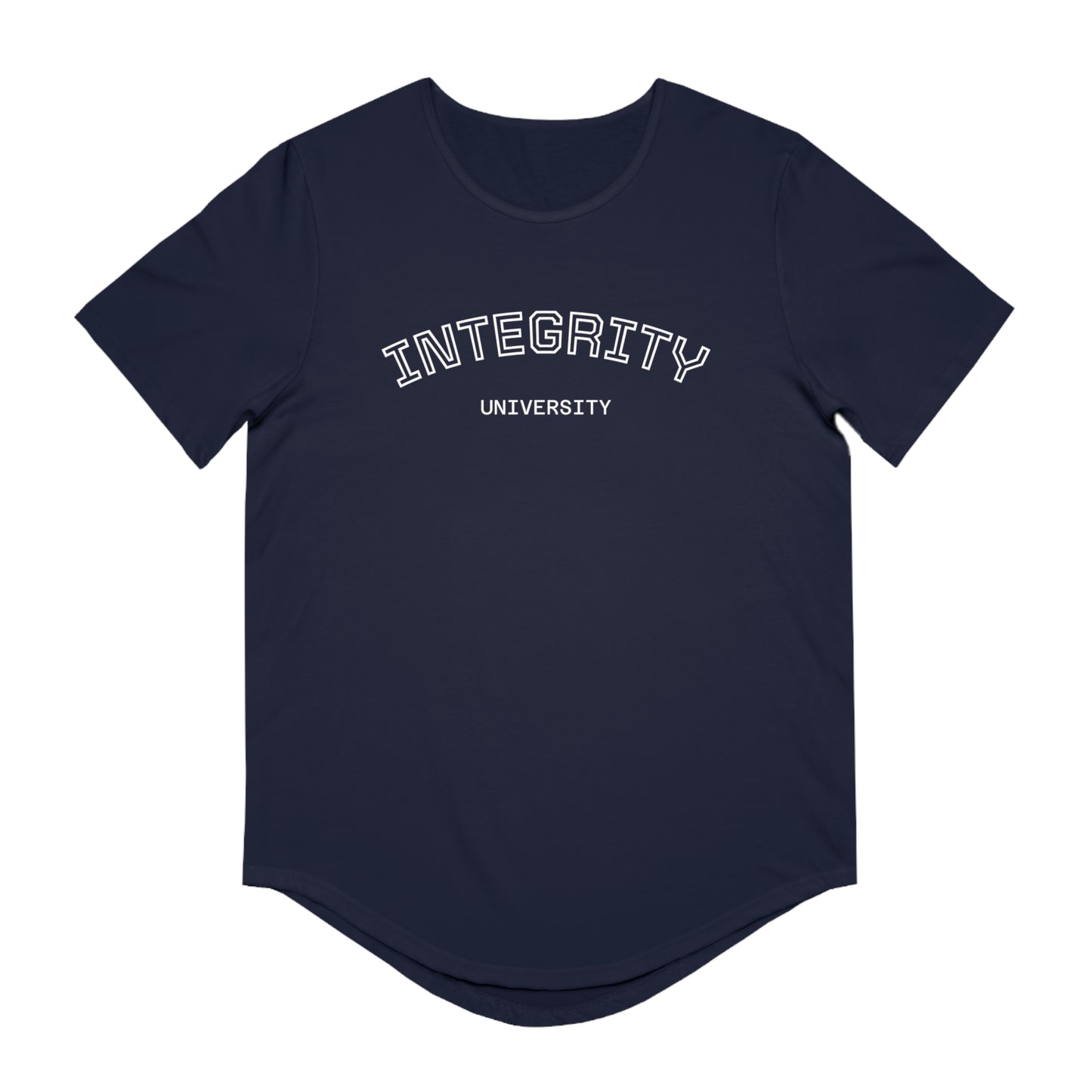 Integrity University Curved-Hem Tee — Modern Collegiate Men’s T‑Shirt