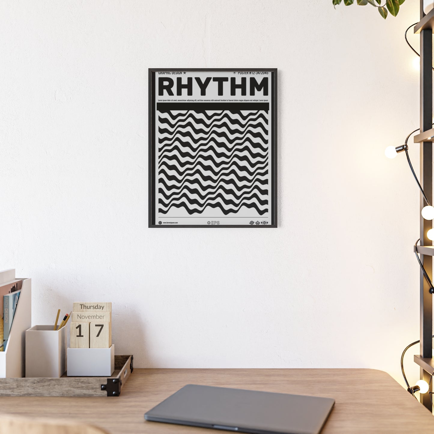 Rhythm Wave Art Poster with Wooden Frame — Black & White Modern Wall Print