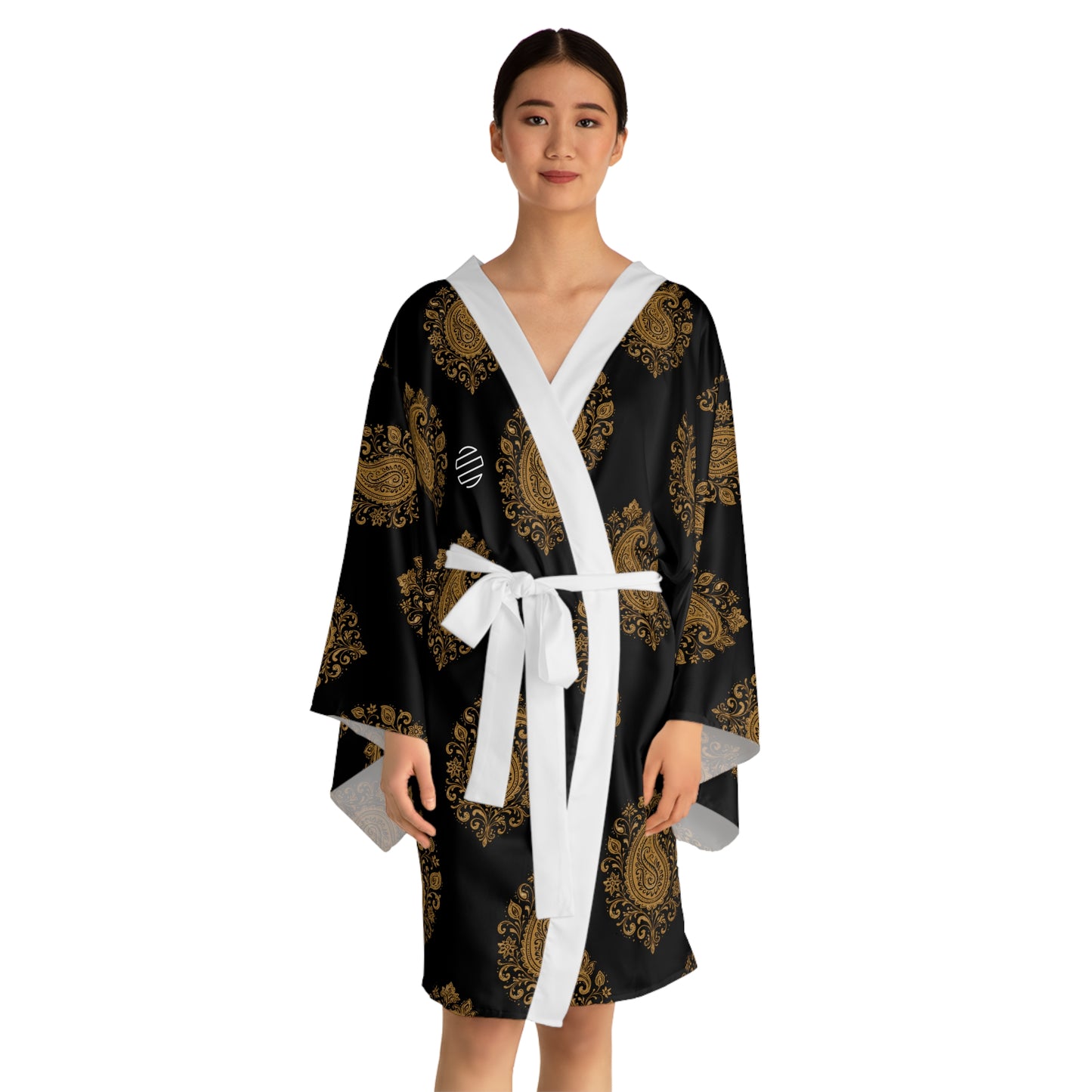 Black & Gold Paisley Kimono Robe - Long Sleeve Japanese Style Wrap