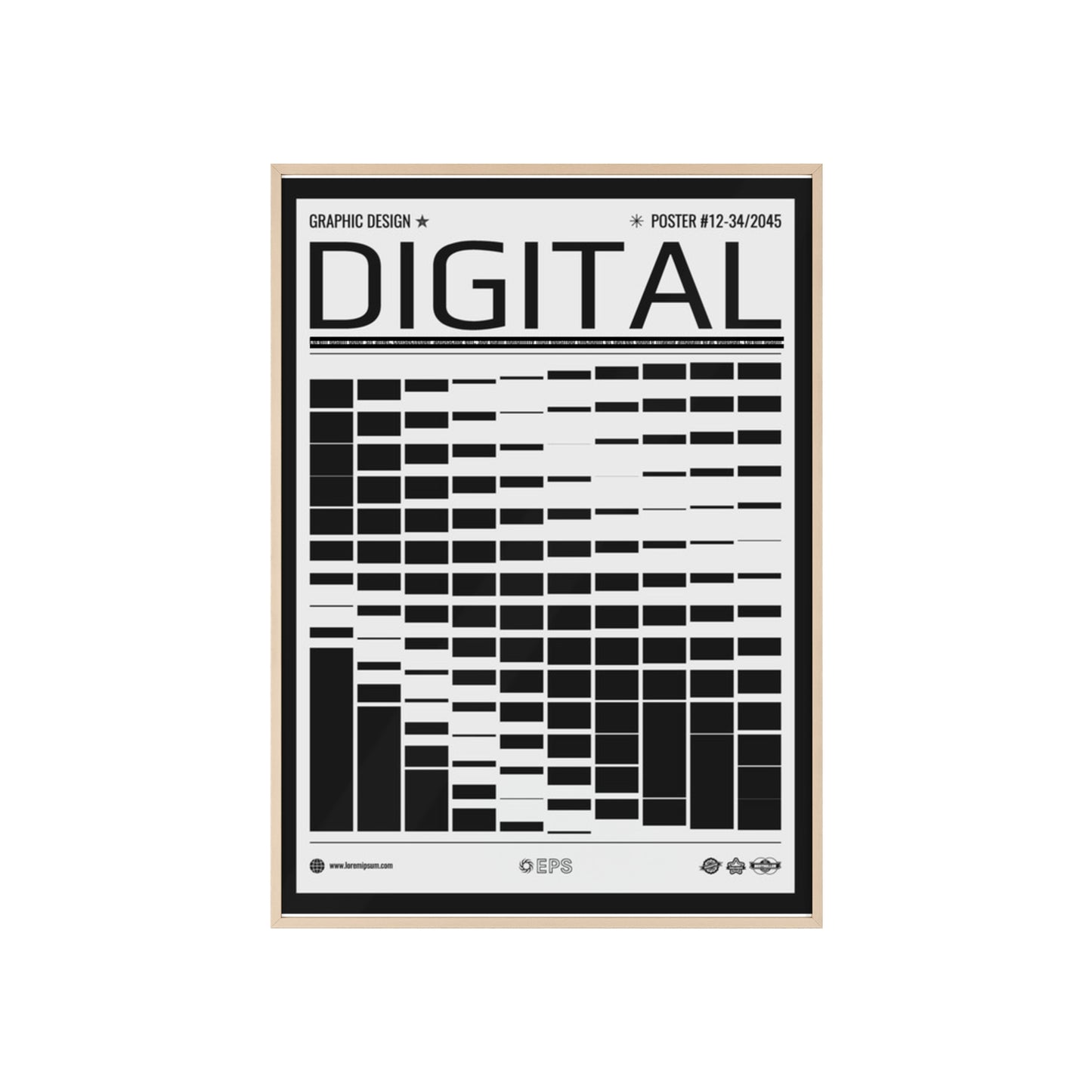 Digital Grid Poster with Wooden Frame — Modern Black & White Wall Art
