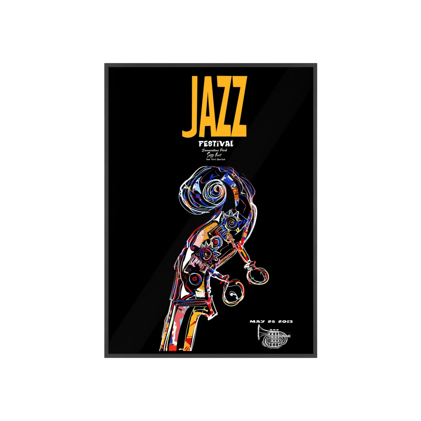 Jazz Festival Poster with Wooden Frame — Colorful Double Bass Art Print