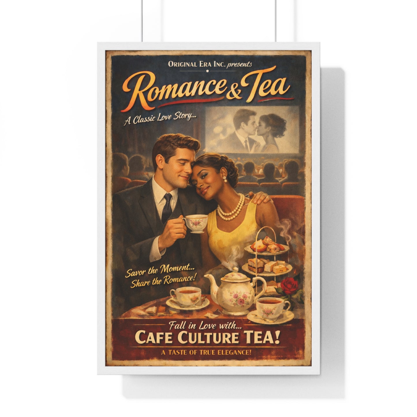 Romance & Tea Vintage Café Poster — Framed Wall Art