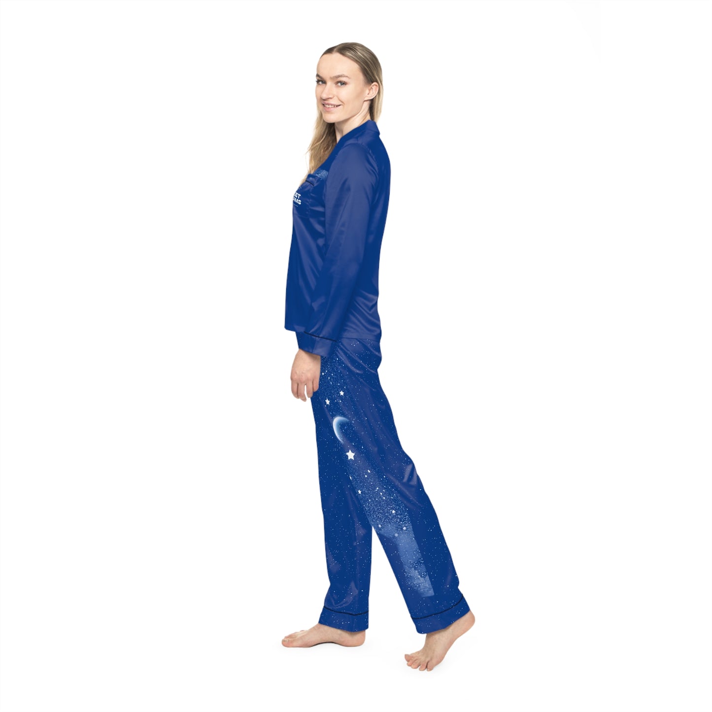 Moonlit Starry Satin Pajama Set – Women's Blue Sleepwear