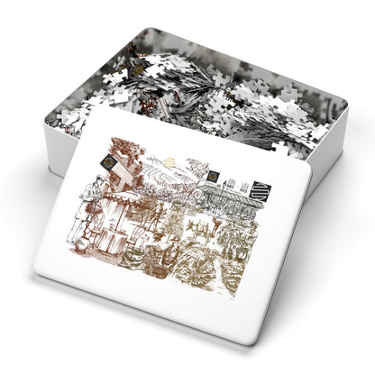 Vintage Cafe Culture Themed Jigsaw Puzzle with Tin