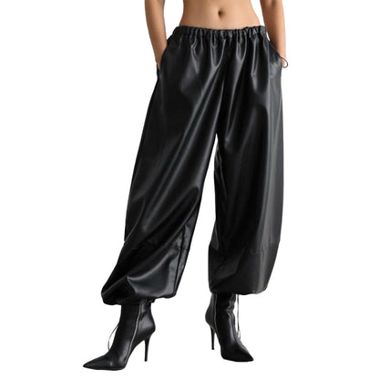 Women's Drawstring Ankle-tied Bloomers Loose PU Leather Pants