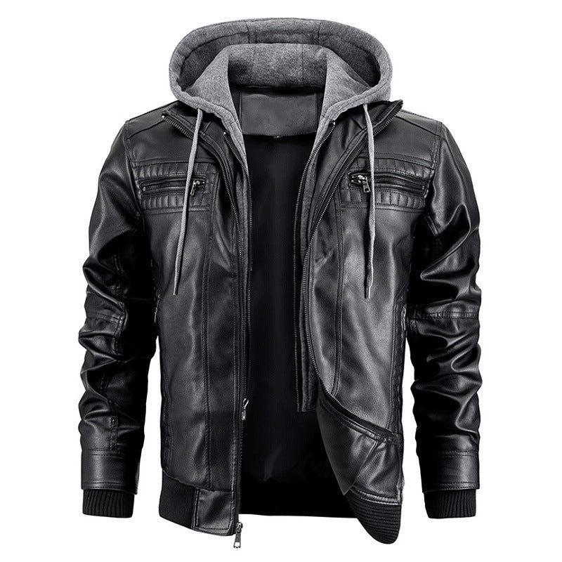 Men's PU Leather Hooded Jacket With Zipper Pockets