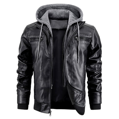 Men's PU Leather Hooded Jacket With Zipper Pockets