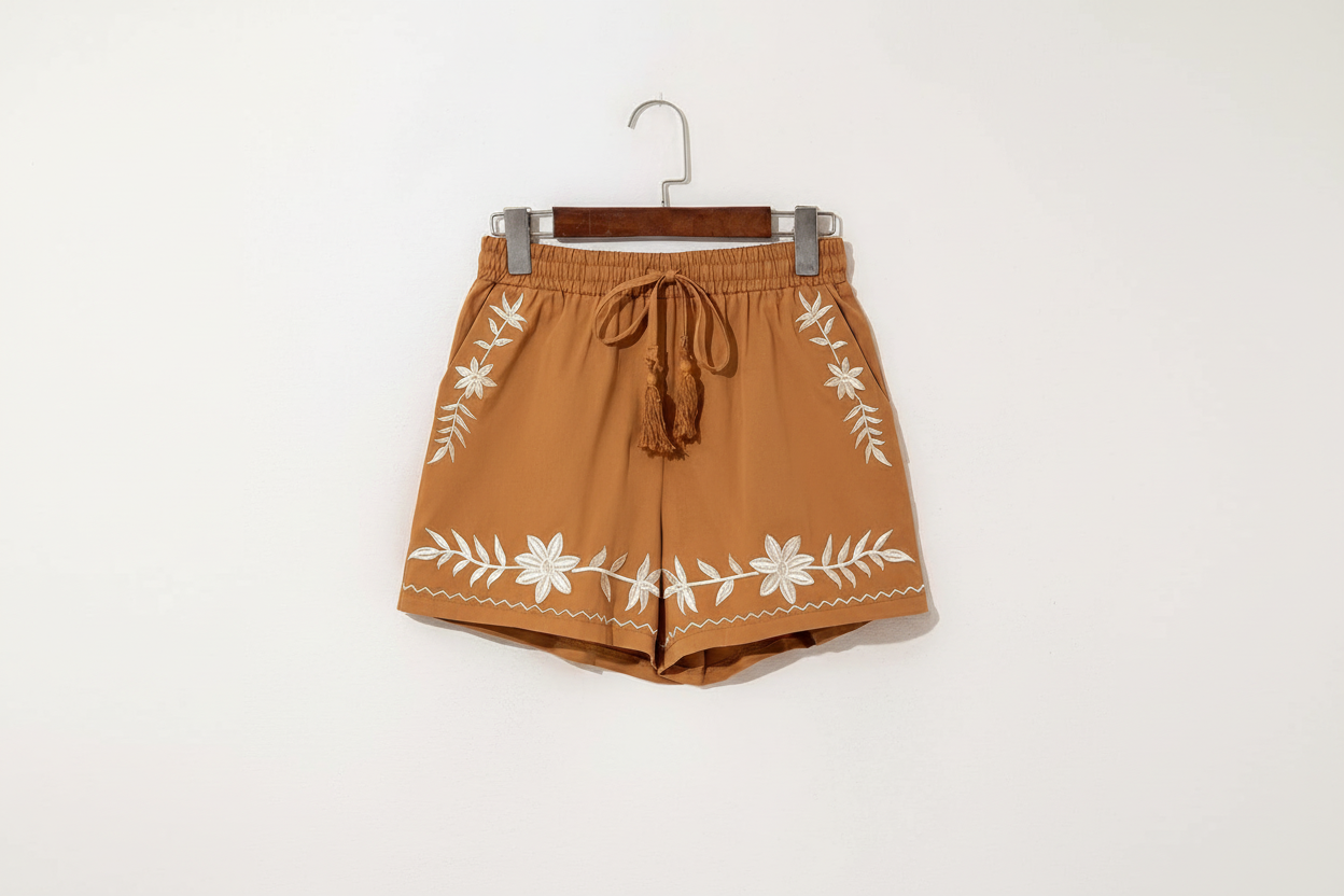 Embroidered Boho Tasseled Drawstring Elastic Waist Casual Shorts