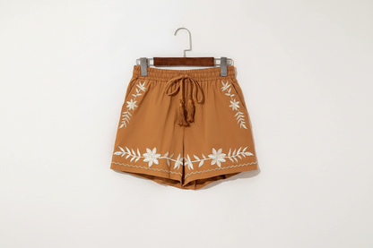 Embroidered Boho Tasseled Drawstring Elastic Waist Casual Shorts